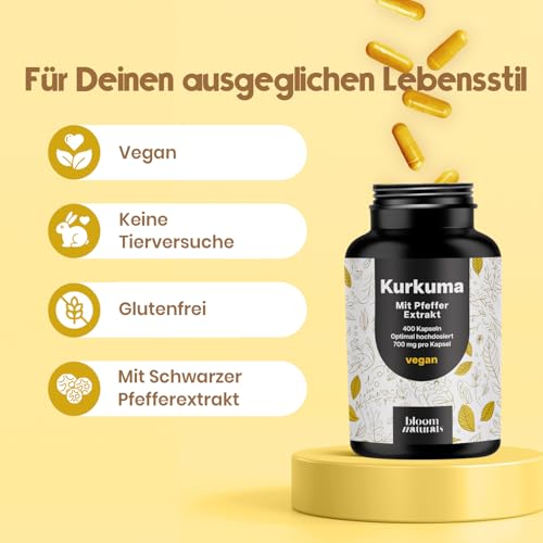 Kurkuma Kapseln Hochdosiert - 400 Kapseln (13 Monate) mit 700mg mit Curcumin & Piperin - vegan und mit Liebe aus Deutschland - Curcuma Kapseln - Laborgeprüft - Verpackung kann variieren