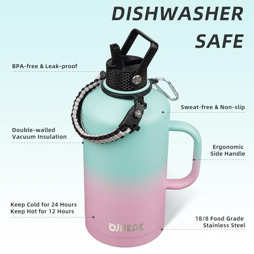Image of BJPKPK 2 /3 Gallon Water Bottle Insulated with Straw Lid, 87oz Large, Stainless Steel Water Bottles with 3 Lids and Paracord Strap, Double Wall Vacuum Metal Water Jug,Marshmallow