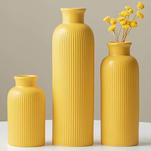 Modern Ceramic Vase Set Yellow Ribbed Matte Design 3-Piece Decorative Vases for Home Living Room Office (Yellow)