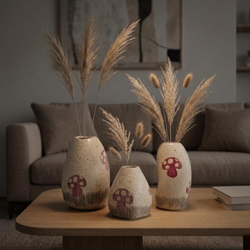 Image of KREATIVE ART'S Handcrafted Ceramic Vase Set of 3 - Pebble Vases for Home Decor, Living Room, Kitchen & Gifting - Speckled Off-White & Red Stoneware - 7 inch, 6 inch, 4 inch Height.