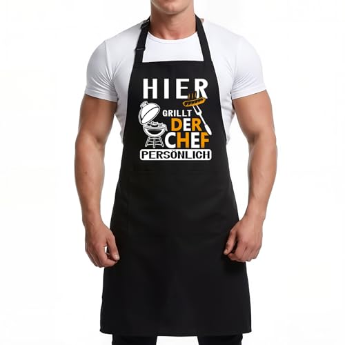 Livdouyu Grillschürze für Männer,Kochschürze Herren mit 2 Taschen,Schürze Schwarz Lustig,Grill Geschenke für Papa Opa,HIER GRILLT DER CHEF Personalisiert Geburtstag