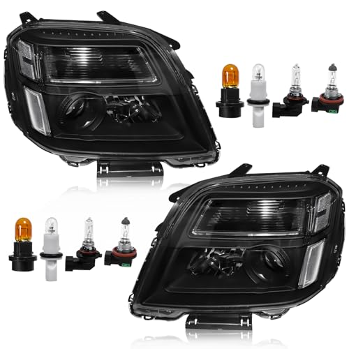 Wksaesi Headlight Assembly with Bulbs Compatible with GMC Terrain 2010 2011 2012 2013 2014 2015 Halogen Headlamp Replacement for 84791974 84791975 Left and Right Side Black Housing White Reflector