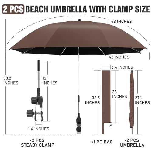 Image of 2 PACK Beach Umbrella with Clamp, 360 Adjustable Umbrellas for Chair, UPF50+ Umbrella for Beach Chair, Patio Chair, Wheelchair, Camping Chair, Golf Carts (Chair Not Included)