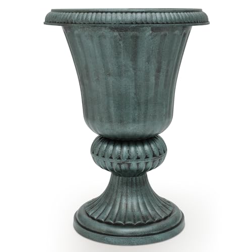MoNiBloom 20-Inch Plastic Urn Planter Vase for Outdoor Indoor Plants Garden Patio Vintage Decorative Wedding Pedestal Roman Flower Pot Decoration Retro Home Front Porch Door Decor (Dark Green)