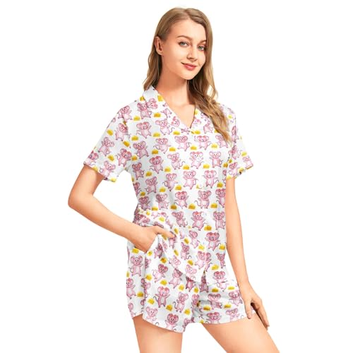 Image of Funny Pajamas for Women Set Print Satin Loungewear Pjs Short Sleeve Button Down Top and Shorts Sets Sleepwear XS-3XL