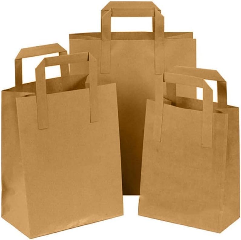 Brown Kraft Paper Bags with Handles – 100 Large Recyclable Biodegradable SOS Carrier Bag (12" x 10" x 5.5") | Eco-Friendly, Strong Takeaway, Grocery, Shopping, Lunch, Party & Gift Bags for Catering