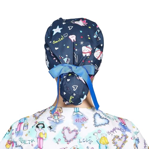 Nurse Work hat, Cartoon Printed hat with Buttons, Ponytail Long Headband