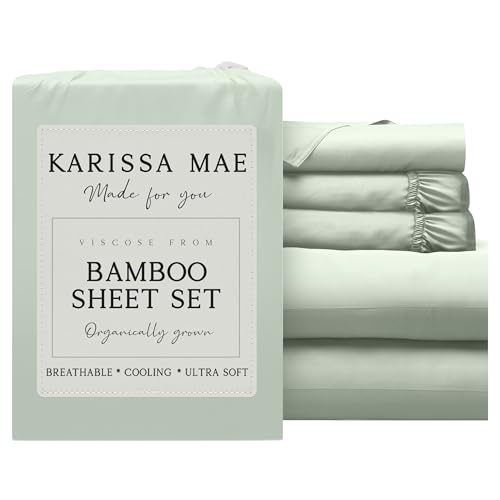 Image of KARISSA MAE Luxury Bamboo Viscose Split King Size Sheet Set, FSC Certified | Includes 2 Twin XL Fitted Sheets | Sleep Number & Adjustable Bed | Cooling | 18 inch Deep Pocket w / Corner Straps [Sea Glass]