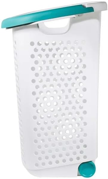 Plastic Rolling Laundry Basket Hamper Portable 2 Bushel Laundry with Pop-up Handle for Clothes, Bedroom, and Storage, White