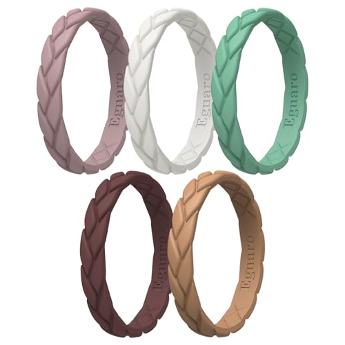 Image of Egnaro Women's Silicone Stackable Rings 3.5mm Wide 2mm Thick, Rubber Flexible Hypoallergenic Wedding Bands For Workout Leaf Braided Fashion