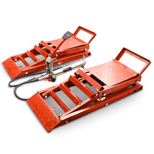 BITUXX 2 Stück hydraulik 2,7T Auto PKW KFZ Auffahrrampen Set mit Wagenheber hydraulisch Höhenverstellbar Wartungsrampe Hebebühne Rampe Auffahrrampe Auffahrbock Rot