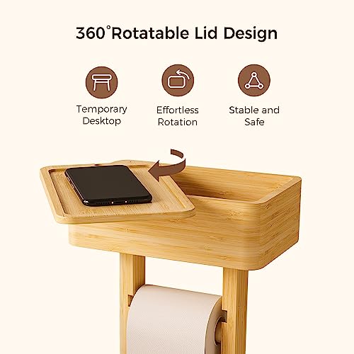 Wealone T-001T 4-In-1 Toilet Paper Holder Stand With Storage Shelf Box, 360° Rotating Bamboo Free Standing Toilet Tissue Roll thumb #2