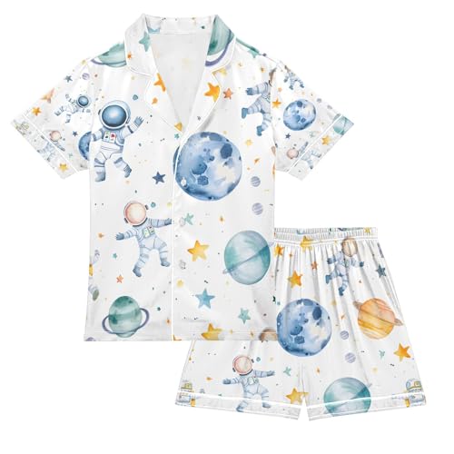 senya Watercolor Planets Astronauts Satin Summer Pajama Sets Silk Short Sleeve Button Down Sleepwear