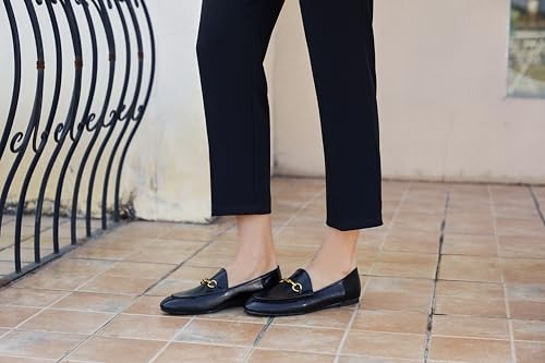Image of Women's Classic Bit Loafers - Structured Faux Leather Business Work Flats, Comfortable Slip On Dress Shoes with Gold Metal Buckle (Updated True Size)