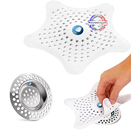 JaMoonLBV JmL® Marca Francesa | Recogedor de Pelo en la Ducha Ø15 cm | 3 Filtros de Fregadero de Acero Inoxidable Ø7 cm | Ideal para la Bañera, la Cocina, el Lavabo | Detener el Desperdicio | Desagüe Cover