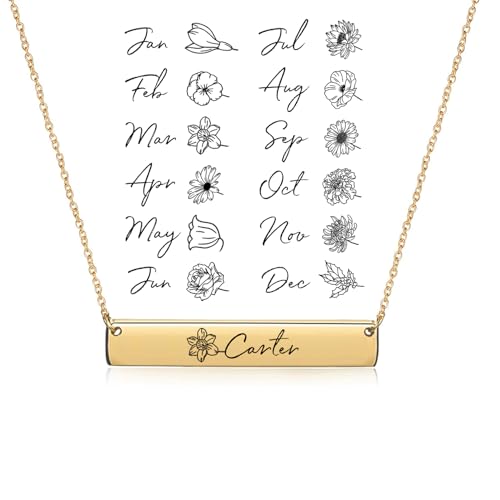 Aoloshow Personalized Custom Engraved Carter Name Bar Necklace Birth Month Flower Necklaces 18k Gold Plated Stainless Steel Jewelry Birthday Gift for Womens Teens