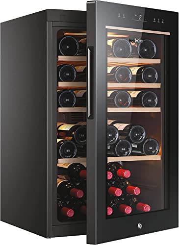 Haier Wine Bank 50 Series 5 HWS49GA Cantinetta Vino, 49 Bottiglie, App hOn, Vetro Anti-UV, Ripiani in Legno, Luce LED, Classe F, 49,7x58,5x82 cm, Nero