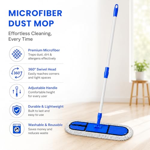 Image of Zureni Floor Sweeping Mop Wet and Dry Microfiber with 4 Ft Long Telescopic Handle, 360 Degree Rotating Floor Cleaning Mop for Home & Kitchen (18 Inch Head and 1 Extra Refill)