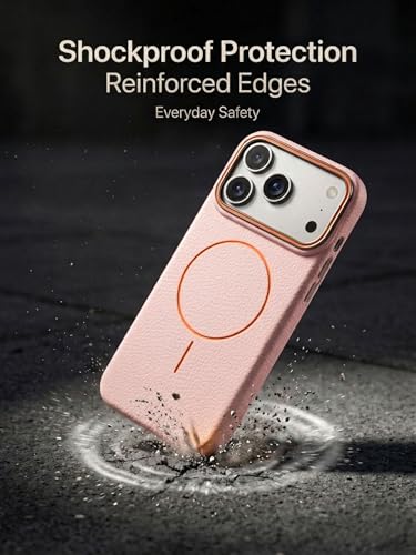 Image of amazon basics Luxury MagSafe Compatible Leather Texture Back Cover for iPhone 17 Pro Max | Raised Camera Protection | Slim Fit Shockproof Case with Metallic Accents (Pink)