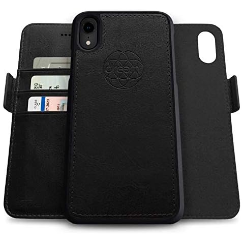 Dreem Fibonacci 2-in-1 Wallet-Case for Apple iPhone XR - Luxury Vegan Leather, Magnetic Detachable Shockproof Phone Case, RFID Card Protection, 2-Way Flip Stand - Black Cover