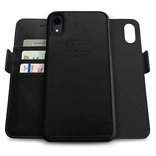 Image of dreem Fibonacci 2-in-1 Wallet Case for Apple iPhone XR - Luxury Vegan Leather, Magnetic Detachable Shockproof Phone Case, RFID Card Protection, 2-Way Flip Stand - Black