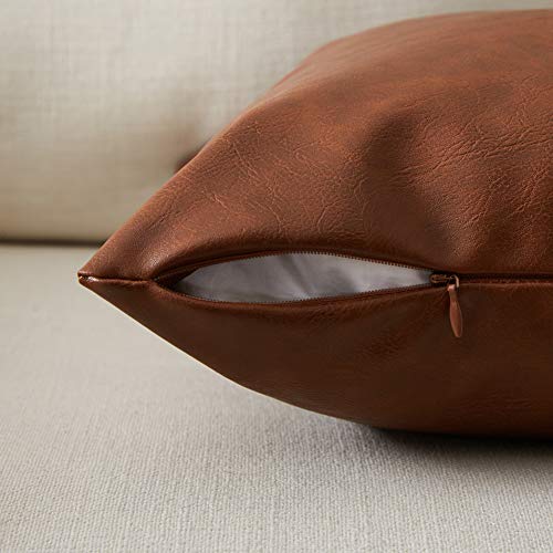 Image of Fancy Homi Faux Leather Boho Decorative Throw Pillow Covers, Thick Modern Solid Square Cushion Case Set for Couch Sofa Bedroom Car Living Room (12x20 Inch /30x50 cm, Brown)