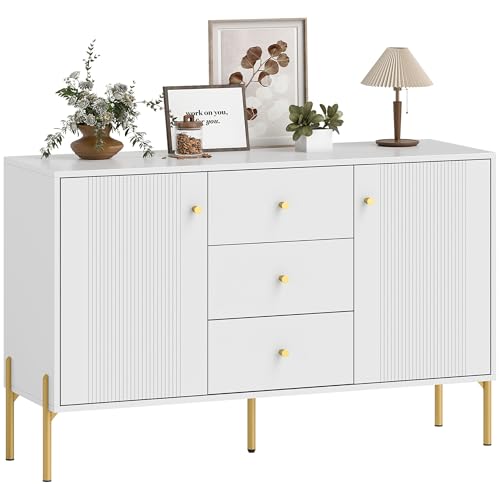 HOMCOM Aparador Moderno de 2 Puertas, Aparador de Salón con 3 Cajones, Estantes Ajustables, Encimera con Efecto Mármol, Patas de Acero, para Cocina, Entrada, Dormitorio, Blanco, 120x39,1x76 cm