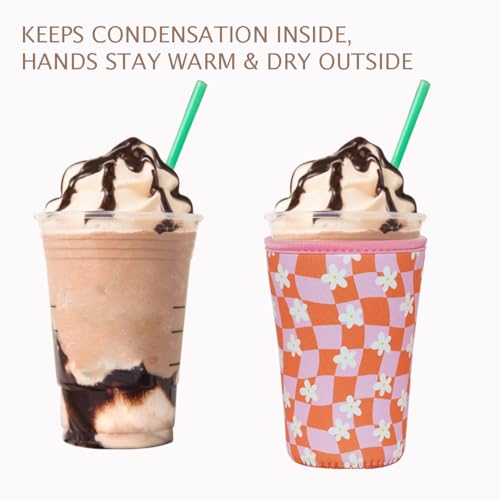 Image of Reusable Insulated Neoprene Iced Coffee Cup Sleeve, Durable Drink Sleeve for Cold Beverages, Beverage Holder for Iced Coffee (Daisy Grid)