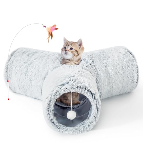 Image of Tempcore Plush Cat Tunnel for Indoor Cats, 3 Way Collapsible Pet Play Tunnel with Teaser Wand, Peek Holes & Hanging Ball, Interactive Tube for Kittens & Rabbits, Light Grey