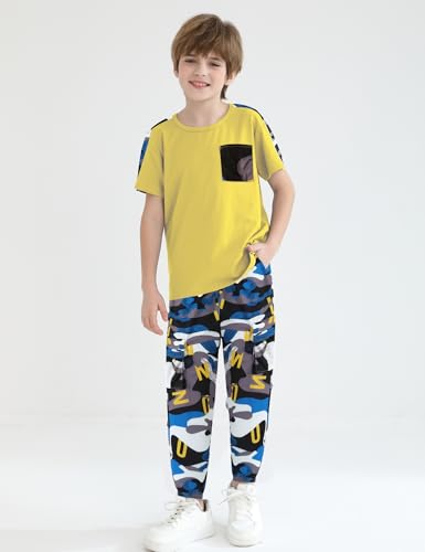 Image of mksodopy Boys Clothes Outfits Set, Camo Cargo Pants and Short Sleeve Pocket Tee 2PC Summer Tracksuit for Kids 5-16Y