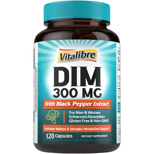 Vitalibre DIM Supplement for Women & Men, Estrogen Metabolism, Hormone Balance & Menopause Support, DIM 300 mg with Black Pepper Extract, High Absorption, 120 Capsules
