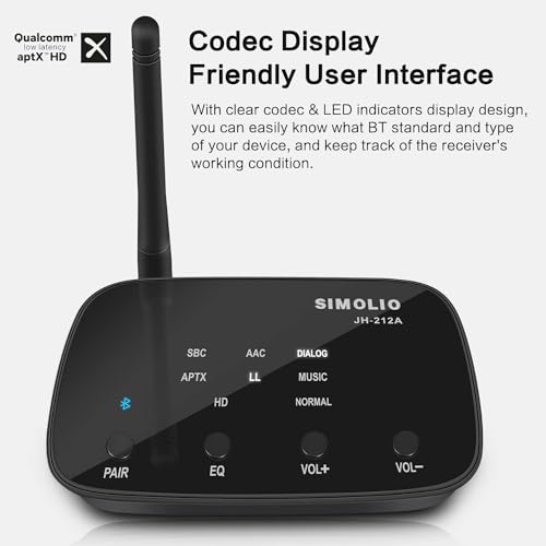 SIMOLIO Bluetooth Receiver with EQ & BT Codec Display, 197FT Wireless Audio Adapter with aptX LL & aptX HD for Home Stereo Speakers Music Streaming System, RCA Bluetooth Receiver w/Volume Control - Thumbnail 2