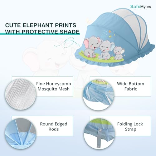 Image of SafeMyles Foldable Baby Mosquito Net,for Bed,Cradle & Mattress|Bottomless & Washable Baby Sleeping Net|Easy to Fold & Carry|Newborns & Infants(0-2 Year)L-90 x W-50 x H-50 cm-Baby Blue Elephant Design