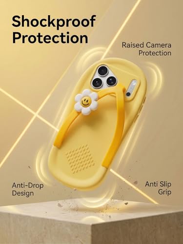 Image of amazon basics 3D Flip Flop Design Silicon Back Cover for iPhone 17 Pro Max - Slipper Shape Soft Case with Smiley Daisy Flower, Shockproof Protection, Cute & Funny Aesthetic Case for Girls & Women