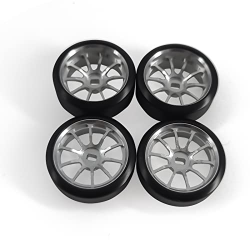 Abendor 10 Spoke Rc Drift Wheels & Drift Tires for 1/24 1/28 Wltoys, [2N+2W] 4 Pcs Aluminum Alloy Rims with Rc Drift Car Tires for 1/24 1/28 Kyosho Mini-Z Mini-Q HGD1 HGV1 (Silver)