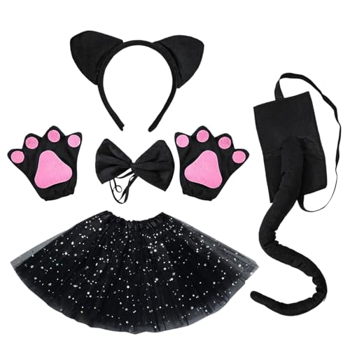 EUPSIIU 5 peças disfarce de gato para menina, conjunto de cosplay de gato, Tutu saia orelhas de gato laço de luvas de garra gato disfarce para o Halloween disfarces de animais para crianças