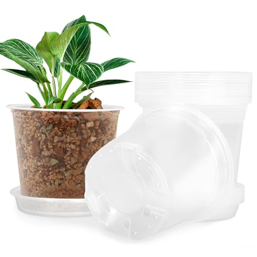 FUIJOL 5 Inch Clear Nursery Pots for Plants with Sacuers 15 Pack, Plastic Flower Pots with Drainage Holes, Variety Pack Seedlings Garden Pot for Indoor Outdoor (5 inch)