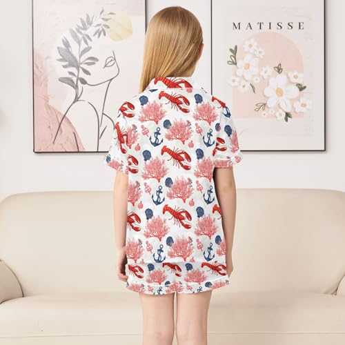 ALAZA Red Lobster Anchor Seashell Coral Reef Satin Pajamas Set Short Sleeve Button Down Sleepwear Summer Pjs 2 Piece4