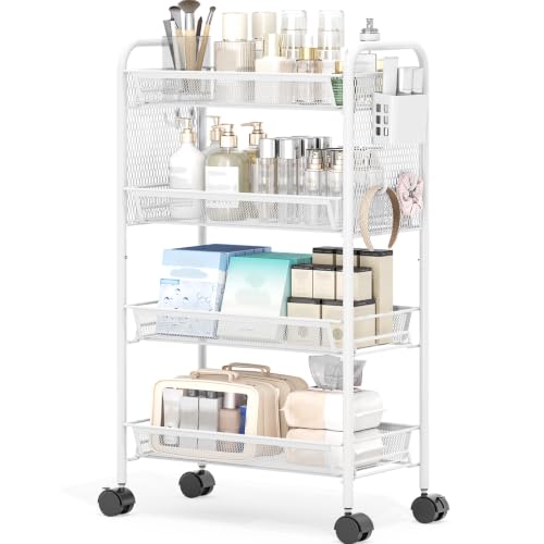 KINGRACK 4 Tier Rolling Cart, Metal Utility Storage Cart with Pegboard | Screwless Assembly, Lockable Wheels, 4 Hooks & 1 Bin, Mobile Organizer for Bathroom Kitchen Office Craft Room Laundry, White