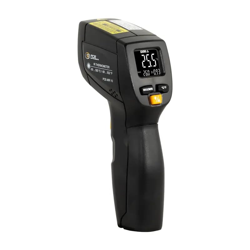 Pirómetro PCE-MIR 10 / Rango medición de -50 ... +500 °C/Grado de emisividad fijo a 0,95 / Indicación de los valores MIN y MAX/Relación distancia-punto de medición 12:1 / Pantalla retroiluminada
