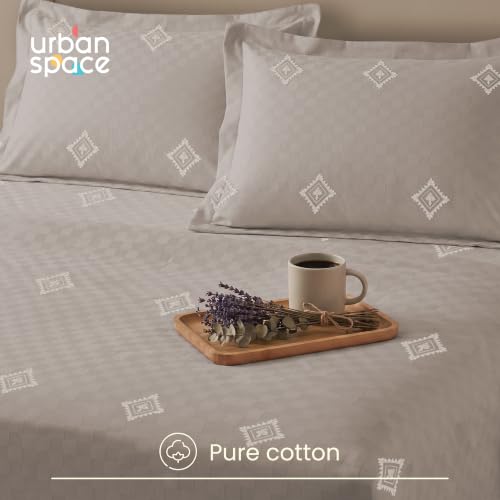 Image of Urban Space 100% Cotton 300TC Jacquard Embroidered bedsheets for King Size Bed, Pure Cotton King Bedsheet, Checks bedsheet King Size with 2 Pillow Covers (108 inch x 108 inch, Diamond Soft Brown)