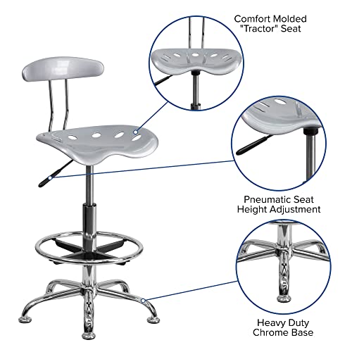Offex Contemporary Sleek Vibrant Silver And Chrome Drafting Stool With Tractor Seat #TOP3