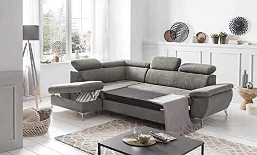 Mivano Eckcouch Gisele / Ecksofa mit Schlaffunktion, Stauraum, Armteilfunktion und Kopfteilverstellung / 256 x 83 x 209 / Velours, Beige – Bild 5