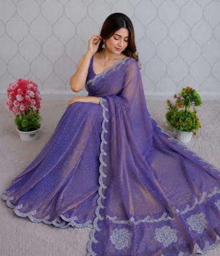 Image of Chiffon Satin Saree for Women with C Pallu PP Siroski Diamond Work, Cutwork Border & Matching Blouse Saree for Wedding, Festive and Traditional Occasions