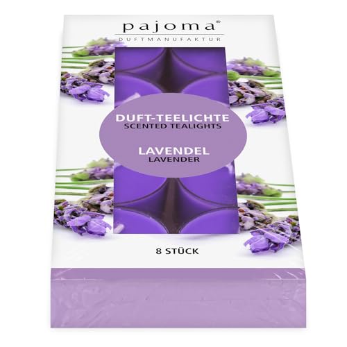 pajoma® 8 lumini da tè alla lavanda, profumati in custodia in policarbonato, durata circa 4 ore, altezza 1,5 cm, diametro 3,5 cm, qualità premium | decorazione, gastronomia, attività all'aperto,