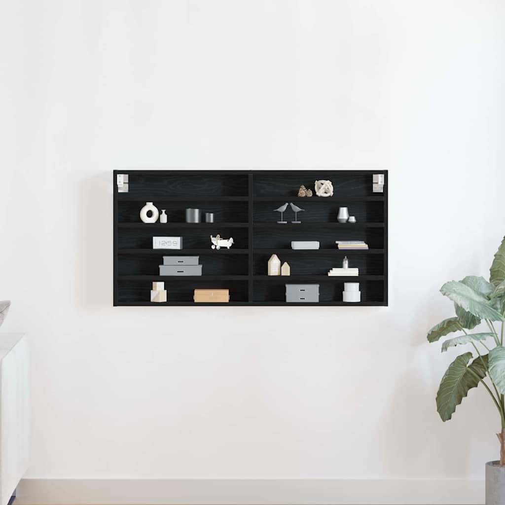 Wandvitrine Schwarz Eichen-Optik, Hängeregal mit 10 Fächern, Wandregal für Sammlerstücke 100 x 8,5 x 50 cm