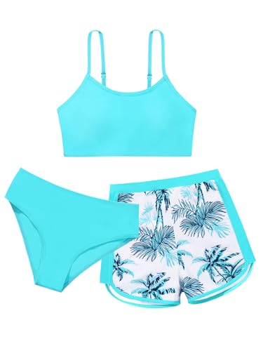Image of Girls Swimsuit 3 Piece Bathing Suit Printed Sport Bikini Set with Shorts Summer Beach Swimwear for Teen Girls 9-16T