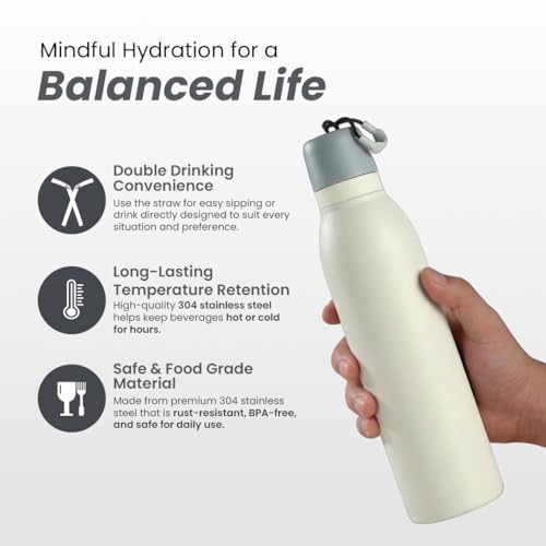 Image of HomeEssentials 700ml Stainless Steel Water Bottle: 3-Layer Insulated Hot & Cold Flask - Leakproof Design - Premium Sports Bottle for School, Office & Home - Sleek Durable Hydration (Grey)