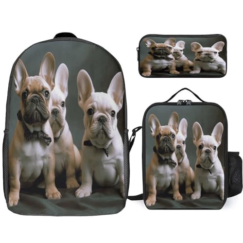 17-inch Backpack,Crossbody Lunch Bag,and Cosmetic Bags Suitable for Travel,business,casual,universal French Bulldog Puppies Print Travel Backpacks for Men And Women