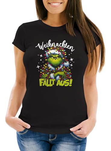 MoonWorks Weihnachtsshirt Damen Grinch Spruch T-Shirt Weihnachten fällt aus Weihnachtsoutfit Frauen Schwarz XS